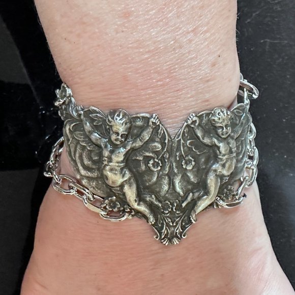 Cherub Chain Angel Bracelet Link Statement Cuff Putti Silver Baroque Rococo - Picture 2 of 11